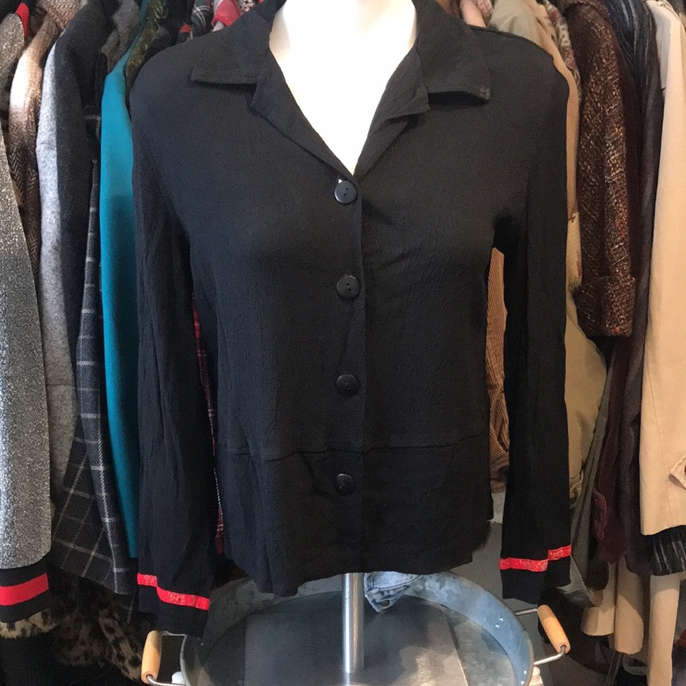 Vintage 90s Clio Black Minimalist Asian Inspired Blouse Light Rayon Jacket